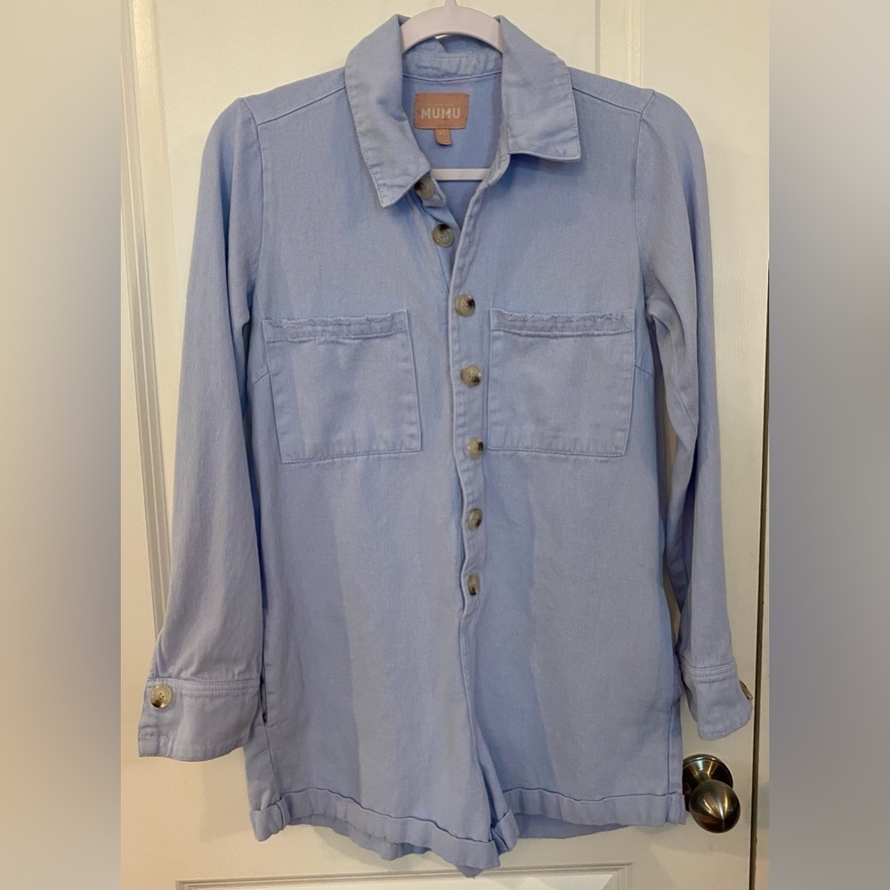 Show Me Your Mumu Tegan Romper Sz XS Periwinkle Blue Long Sleeve Button Front